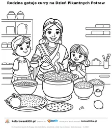 Rodzina gotuje curry na Dzień Pikantnych Potraw — kolorowanka na Dzień Pikantnych Potraw do wydruku