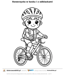 Rowerzysta w kasku i z odblaskami — kolorowanka na Dzień Bezpieczeństwa Ruchu Drogowego do wydruku