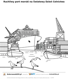Ruchliwy port morski na Światowy Dzień Celnictwa — kolorowanka na Światowy Dzień Celnictwa do wydruku