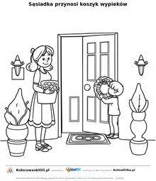Sąsiadka przynosi koszyk wypieków — kolorowanka na Dzień Wymiany Ciasteczek do wydruku
