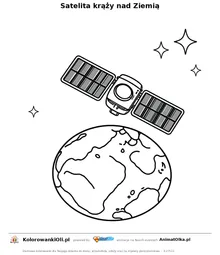 Satelita krąży nad Ziemią — kolorowanka na Dzień Internetu do wydruku