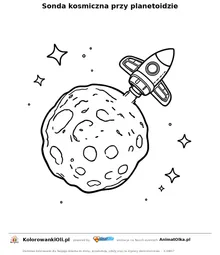 Sonda kosmiczna przy planetoidzie — kolorowanka na Dzień Asteroid do wydruku