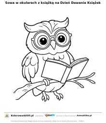 Sowa w okularach z książką na Dzień Dawania Książek — kolorowanka na Dzień Dawania Książek do wydruku
