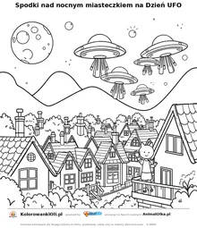 Spodki nad nocnym miasteczkiem na Dzień UFO — kolorowanka na Dzień UFO do wydruku