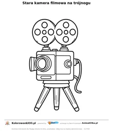 Stara kamera filmowa na trójnogu — kolorowanka na Dzień Myszki do wydruku
