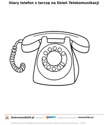 Stary telefon z tarczą na Dzień Telekomunikacji — kolorowanka na Dzień Telekomunikacji do wydruku