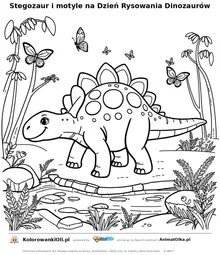 Stegozaur i motyle na Dzień Rysowania Dinozaurów — kolorowanka na Dzień Rysowania Dinozaurów do wydruku