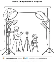 Studio fotograficzne z lampami — kolorowanka na Dzień Fotografii do wydruku