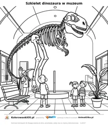 Szkielet dinozaura w muzeum — kolorowanka na Dzień Dinozaura do wydruku