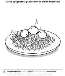 Talerz spaghetti z pulpetami na Dzień Pulpetów — kolorowanka na Dzień Pulpetów do wydruku