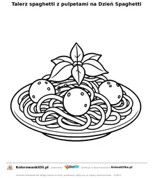 Talerz spaghetti z pulpetami na Dzień Spaghetti — kolorowanka na Dzień Spaghetti do wydruku