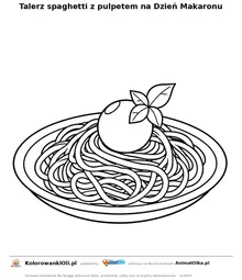 Talerz spaghetti z pulpetem na Dzień Makaronu — kolorowanka na Dzień Makaronu do wydruku
