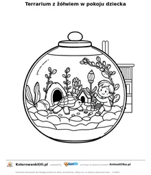 Terrarium z żółwiem w pokoju dziecka — kolorowanka na Dzień Adopcji Żółwia do wydruku