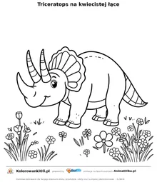 Triceratops na kwiecistej łące — kolorowanka na Dzień Rysowania Dinozaurów do wydruku