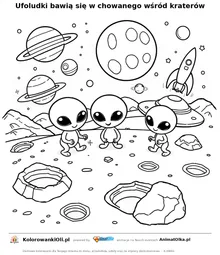 Ufoludki bawią się w chowanego wśród kraterów — kolorowanka na Dzień UFO do wydruku