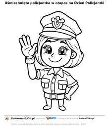 Uśmiechnięta policjantka w czapce na Dzień Policjantki — kolorowanka na Dzień Policjantki do wydruku