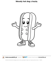 Wesoły hot dog z buzią — kolorowanka na Święto Hot Doga do wydruku