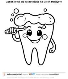 Ząbek myje się szczoteczką na Dzień Dentysty — kolorowanka na Dzień Dentysty do wydruku