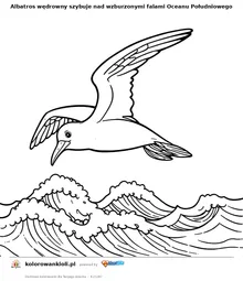 Albatros wędrowny szybuje nad wzburzonymi falami Oceanu Południowego — kolorowanka do wydruku dla dzieci
