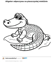 Aligator odpoczywa na piaszczystej mieliźnie — kolorowanka do wydruku dla dzieci