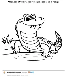 Aligator otwiera szeroko paszczę na brzegu — kolorowanka do wydruku dla dzieci