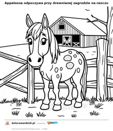 Appaloosa odpoczywa przy drewnianej zagrodzie na ranczu — kolorowanka do wydruku dla dzieci