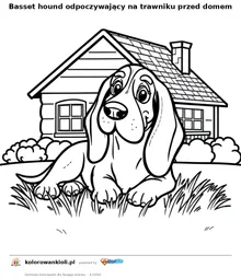 Basset hound odpoczywający na trawniku przed domem — kolorowanka do wydruku dla dzieci