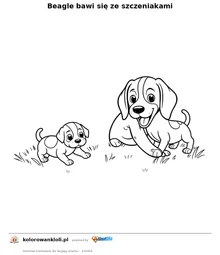 Beagle bawi się ze szczeniakami — kolorowanka do wydruku dla dzieci