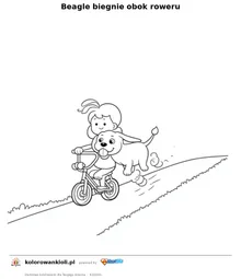 Beagle biegnie obok roweru — kolorowanka do wydruku dla dzieci