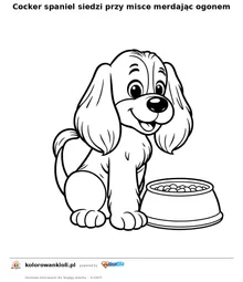 Cocker spaniel siedzi przy misce merdając ogonem — kolorowanka do wydruku dla dzieci