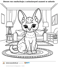 Devon rex nasłuchuje z uniesionymi uszami w salonie — kolorowanka do wydruku dla dzieci