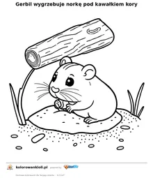 Gerbil wygrzebuje norkę pod kawałkiem kory — kolorowanka do wydruku dla dzieci