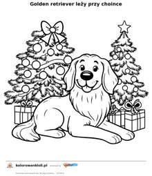 Golden retriever leży przy choince — kolorowanka do wydruku dla dzieci