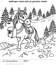 Haflinger niesie juki na górskim szlaku — kolorowanka do wydruku dla dzieci