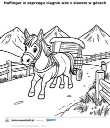 Haflinger w zaprzęgu ciągnie wóz z sianem w górach — kolorowanka do wydruku dla dzieci