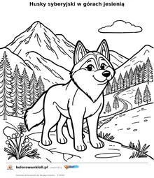 Husky syberyjski w górach jesienią — kolorowanka do wydruku dla dzieci