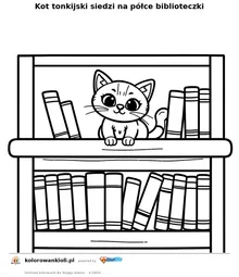 Kot tonkijski siedzi na półce biblioteczki — kolorowanka do wydruku dla dzieci