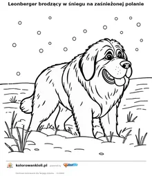 Leonberger brodzący w śniegu na zaśnieżonej polanie — kolorowanka do wydruku dla dzieci