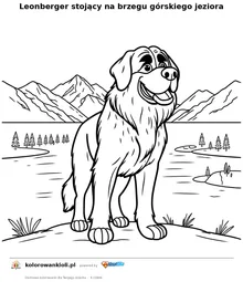 Leonberger stojący na brzegu górskiego jeziora — kolorowanka do wydruku dla dzieci