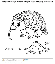 Pangolin zlizuje mrówki długim językiem przy mrowisku — kolorowanka do wydruku dla dzieci