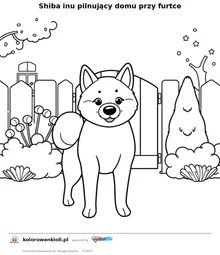 Shiba inu pilnujący domu przy furtce — kolorowanka do wydruku dla dzieci