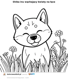 Shiba inu wąchający kwiaty na łące — kolorowanka do wydruku dla dzieci
