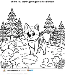 Shiba inu wędrujący górskim szlakiem — kolorowanka do wydruku dla dzieci
