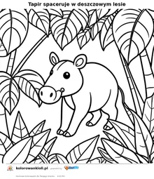 Tapir spaceruje w deszczowym lesie — kolorowanka do wydruku dla dzieci
