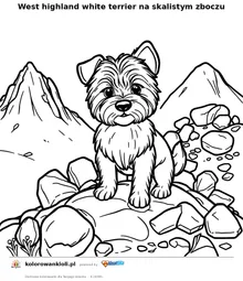 West highland white terrier na skalistym zboczu — kolorowanka do wydruku dla dzieci